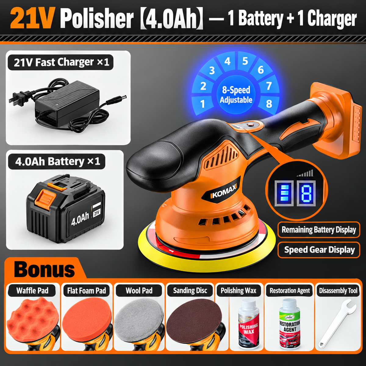 Cordless Car Polisher – 8-Speed-21V