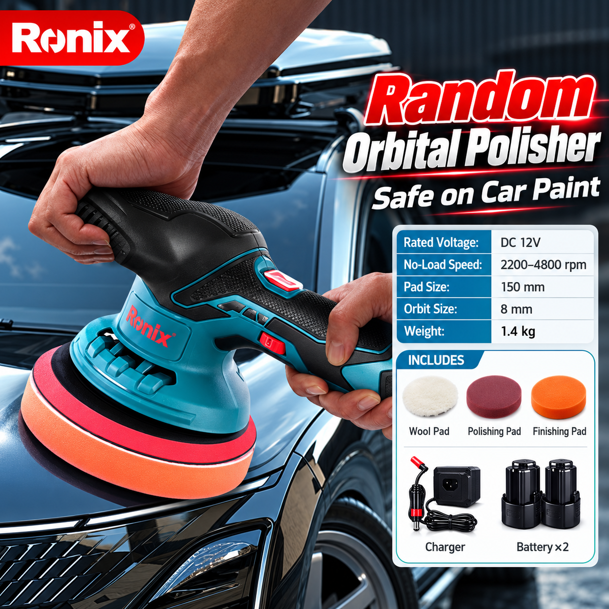 Ronix 12V Cordless Dual Action Car Polisher – 150mm